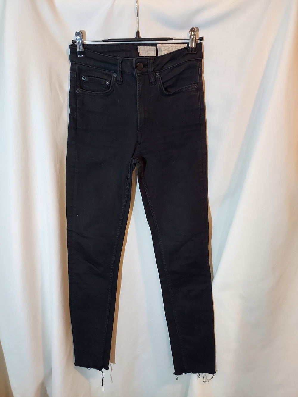 AllSaints High Rise Skinny Jeans Washed Black Chewed Raw Hem Size 25